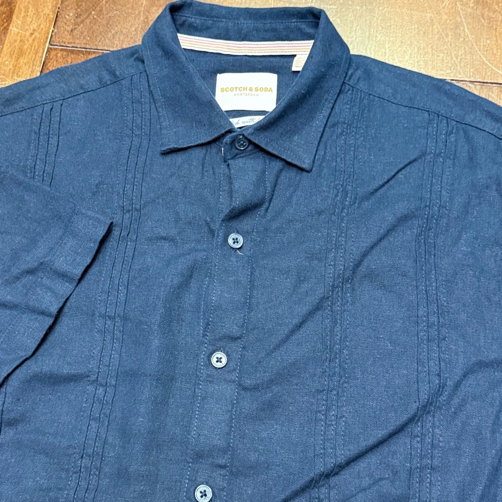 Scotch & Soda Button Down Mens Medium Navy Blue Pintuck Linen Blend Shirt